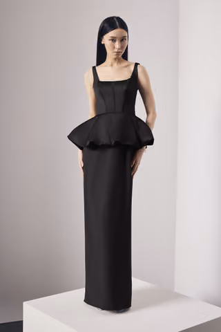 View Vera Wang Bride Satin Corset Bodice Peplum Dress with Crepe Skirt in all available color and sizes Picture of Satin Corset Bodice Peplum Dress with Crepe Skirt