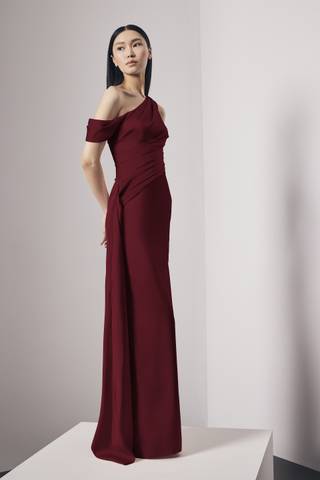 Picture of Asymmetrical Satin Sheath Dress with Cascade