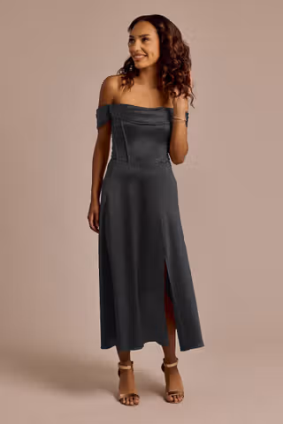 View Celebrate DB Studio Off-the-Shoulder Sculpting Satin Midi Dress in all available color and sizes Picture of Off-the-Shoulder Sculpting Satin Midi Dress
