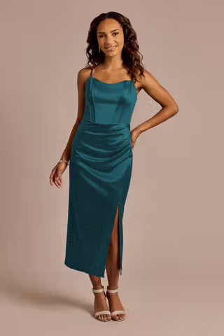 View Celebrate DB Studio Sculpting Satin Corset Bodice Midi Dress in all available color and sizes Picture of Sculpting Satin Corset Bodice Midi Dress