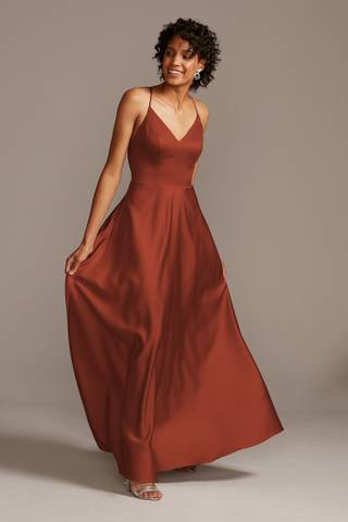 Picture of Spaghetti Strap Satin A-Line Long Bridesmaid Dress