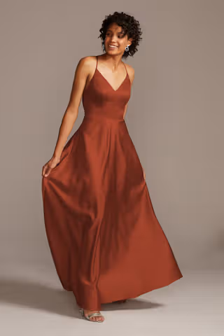 View Celebrate DB Studio Spaghetti Strap Satin A-Line Long Bridesmaid Dress in all available color and sizes Picture of Spaghetti Strap Satin A-Line Long Bridesmaid Dress