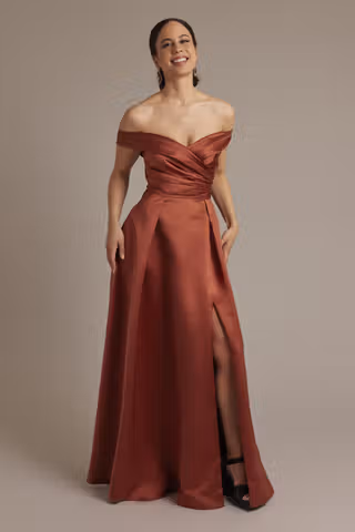 View Celebrate DB Studio Satin Off-the-Shoulder Ball Gown Dress in all available color and sizes Picture of Satin Off-the-Shoulder Ball Gown Dress