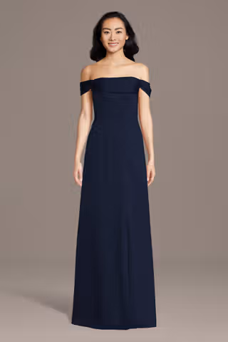 View Celebrate DB Studio Matte Satin Off-the-Shoulder Cowl Neck Sheath in all available color and sizes Picture of Matte Satin Off-the-Shoulder Cowl Neck Sheath