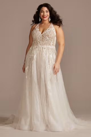 View Galina Signature Floral Applique Open Back Halter Wedding Dress in all available color and sizes Picture of Floral Applique Open Back Halter Wedding Dress