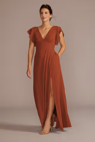 View Celebrate DB Studio Flutter Sleeve Chiffon V-Neck Dress in all available color and sizes Picture of Flutter Sleeve Chiffon V-Neck Dress