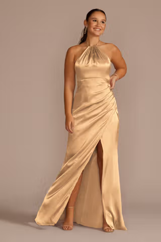 View Galina Signature Tie-Neck Charmeuse Halter Dress in all available color and sizes Picture of Tie-Neck Charmeuse Halter Dress