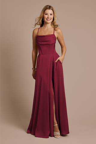 Picture of Matte Satin Cowl Neck Spaghetti Strap A-Line Dress