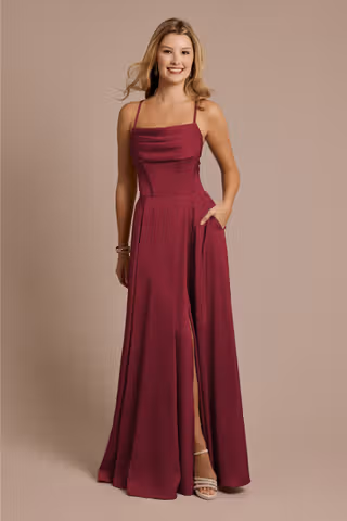 View Galina Signature Matte Satin Cowl Neck Spaghetti Strap A-Line Dress in all available color and sizes Picture of Matte Satin Cowl Neck Spaghetti Strap A-Line Dress