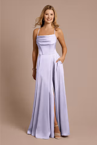 View Galina Signature Matte Satin Cowl Neck Spaghetti Strap A-Line Dress in all available color and sizes Picture of Matte Satin Cowl Neck Spaghetti Strap A-Line Dress