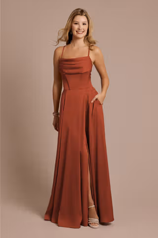 View Galina Signature Matte Satin Cowl Neck Spaghetti Strap A-Line Dress in all available color and sizes Picture of Matte Satin Cowl Neck Spaghetti Strap A-Line Dress