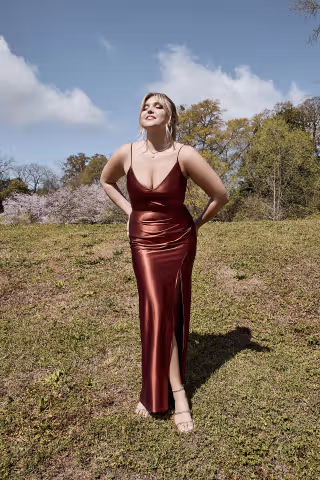 View Celebrate DB Studio Sculpting Satin Spaghetti Strap Dress in all available color and sizes Picture of Sculpting Satin Spaghetti Strap Dress