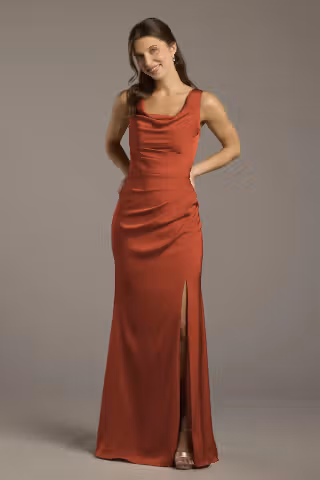 View Galina Signature Matte Satin Cowl Neck Sheath Dress in all available color and sizes Picture of Matte Satin Cowl Neck Sheath Dress