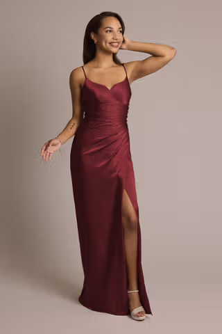 View Galina Signature Charmeuse V-Notch Spaghetti Strap Dress in all available color and sizes Picture of Charmeuse V-Notch Spaghetti Strap Dress