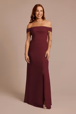 View Celebrate DB Studio Chiffon Off-the-Shoulder Draped Dress in all available color and sizes Picture of Chiffon Off-the-Shoulder Draped Dress