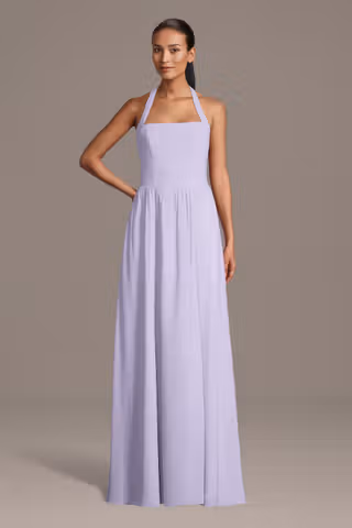 View Celebrate DB Studio Chiffon Halter A-Line Dress with Straight Neckline in all available color and sizes Picture of Chiffon Halter A-Line Dress with Straight Neckline