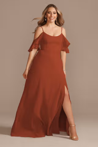 View Celebrate DB Studio Cold-Shoulder Long Chiffon Dress in all available color and sizes Picture of Cold-Shoulder Long Chiffon Dress