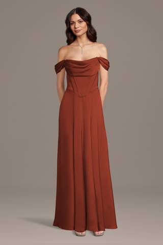 Picture of Matte Satin Basque Waist Off-the-Shoulder Dress