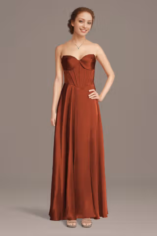 View Galina Signature Charmeuse Corset Bodice A-Line Dress in all available color and sizes Picture of Charmeuse Corset Bodice A-Line Dress