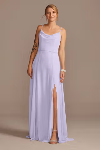View Celebrate DB Studio Cowl Neck Chiffon Dress with Slit in all available color and sizes Picture of Cowl Neck Chiffon Dress with Slit