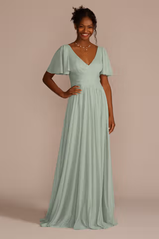 View Celebrate DB Studio Flutter Sleeve Crisscross Mesh Bridesmaid Dress in all available color and sizes Picture of Flutter Sleeve Crisscross Mesh Bridesmaid Dress