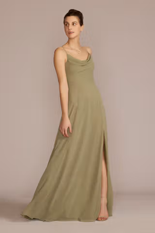 View Celebrate DB Studio Cowl Neck Chiffon Dress with Slit in all available color and sizes Picture of Cowl Neck Chiffon Dress with Slit