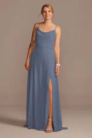 View Celebrate DB Studio Cowl Neck Chiffon Dress with Slit in all available color and sizes Picture of Cowl Neck Chiffon Dress with Slit