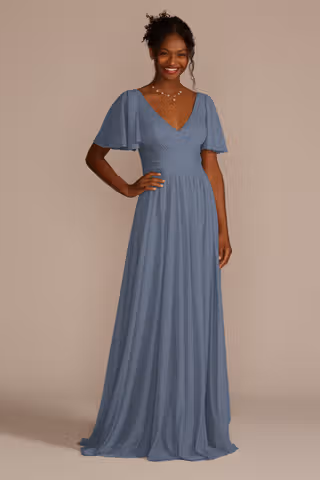 View Celebrate DB Studio Flutter Sleeve Crisscross Mesh Bridesmaid Dress in all available color and sizes Picture of Flutter Sleeve Crisscross Mesh Bridesmaid Dress