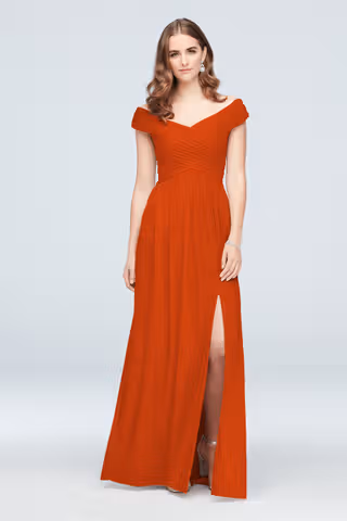 View Celebrate DB Studio Crisscross Off-the-Shoulder Mesh Dress in all available color and sizes Picture of Crisscross Off-the-Shoulder Mesh Dress