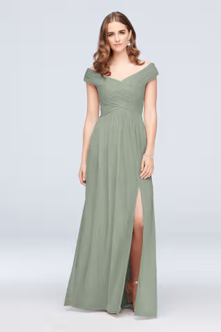 View Celebrate DB Studio Crisscross Off-the-Shoulder Mesh Dress in all available color and sizes Picture of Crisscross Off-the-Shoulder Mesh Dress