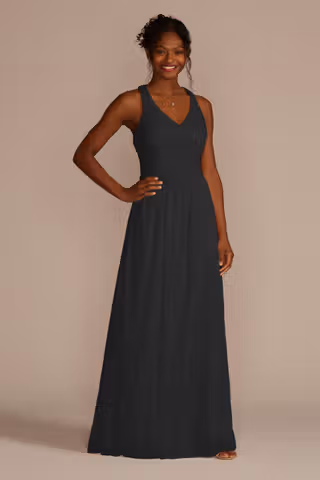 View Celebrate DB Studio Mesh Long Dress with Crisscross Back in all available color and sizes Picture of Mesh Long Dress with Crisscross Back