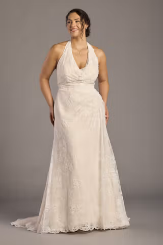 View Melissa Sweet Embroidered Lace Halter Cowl Sheath Wedding Dress in all available color and sizes Picture of Embroidered Lace Halter Cowl Sheath Wedding Dress
