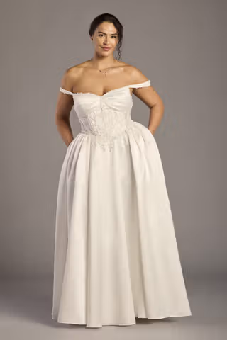 View DB Studio Off-the-Shoulder Satin Ball Gown with Beaded Lace in all available color and sizes Picture of Off-the-Shoulder Satin Ball Gown with Beaded Lace