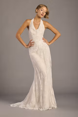 View Melissa Sweet Embroidered Lace Halter Cowl Sheath Wedding Dress in all available color and sizes Picture of Embroidered Lace Halter Cowl Sheath Wedding Dress