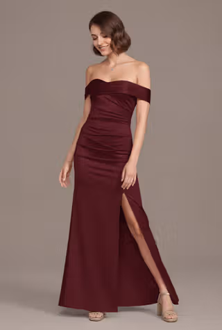 View Galina Signature Sculpting Satin Off-the-Shoulder Mermaid Dress in all available color and sizes Picture of Sculpting Satin Off-the-Shoulder Mermaid Dress