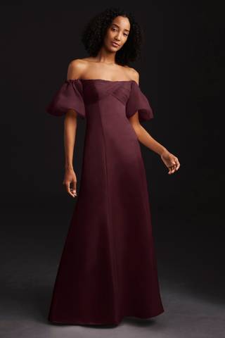 Picture of Satin A Line Dress with Organza Puff Sleeves