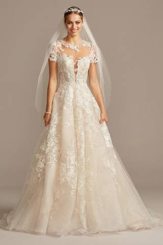 Picture of Lace Illusion Cap Sleeve Ball Gown Wedding Dress